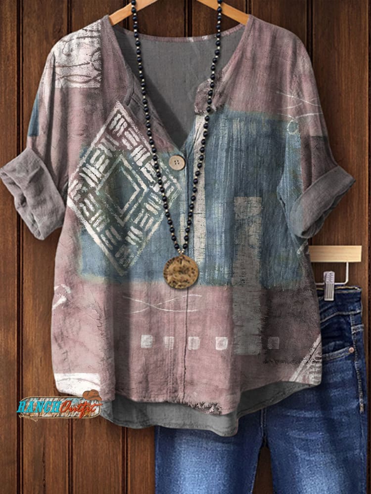 Women's Retro Texture Art Pattern Print Casual Cotton Linen Shirt