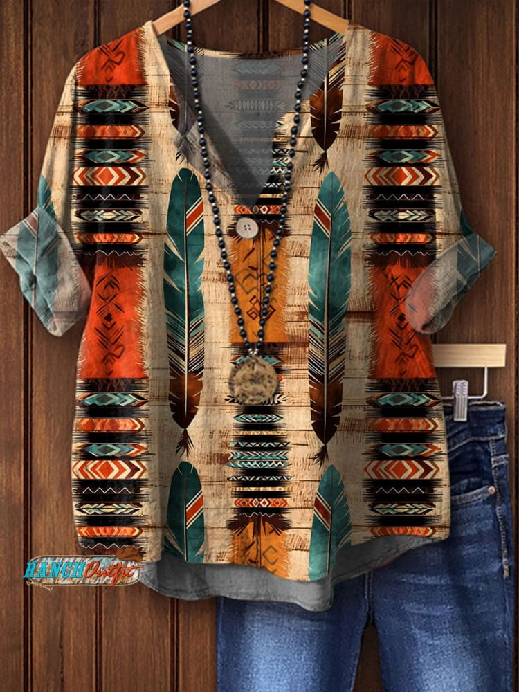 Women's Retro Aztec Feather Art Print Casual Cotton Linen Shirt