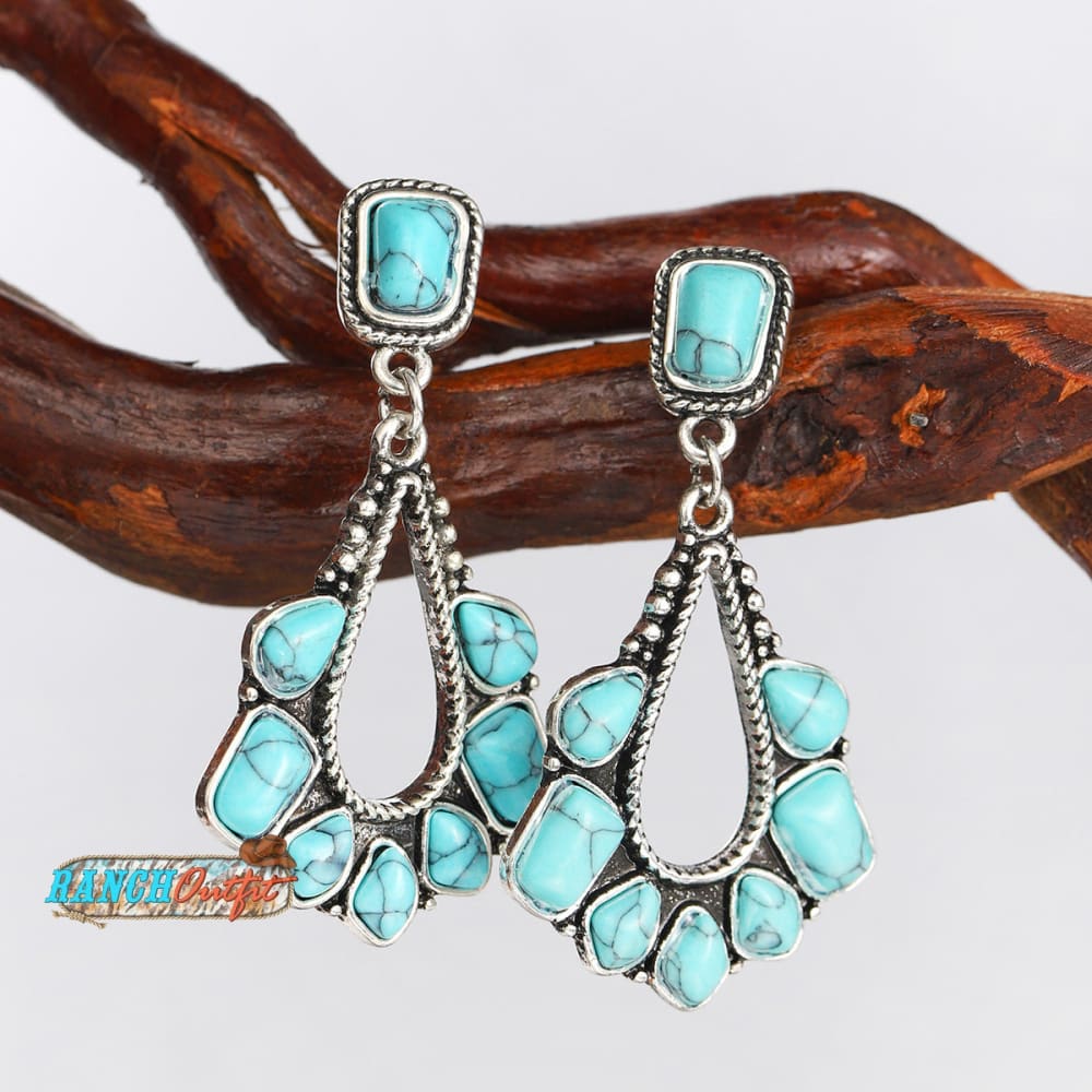 Vintage Earrings Boho Turquoise Ethnic Jewelry Western Cowgirl Engraving Earring