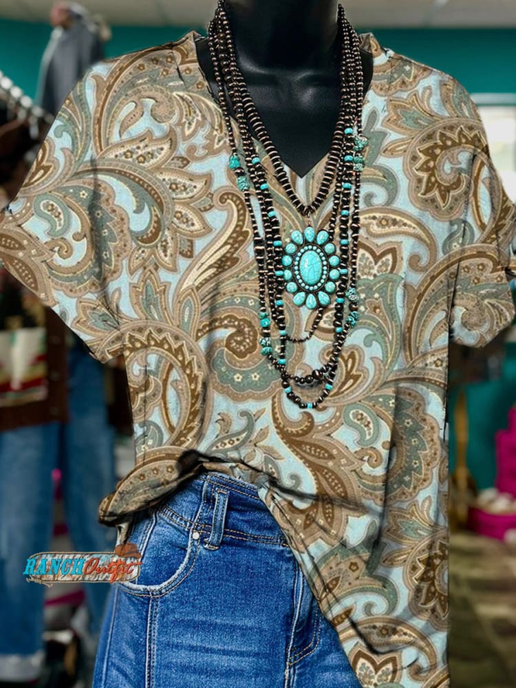 Vintage Flowers Print V-neck Casual T-Shirt