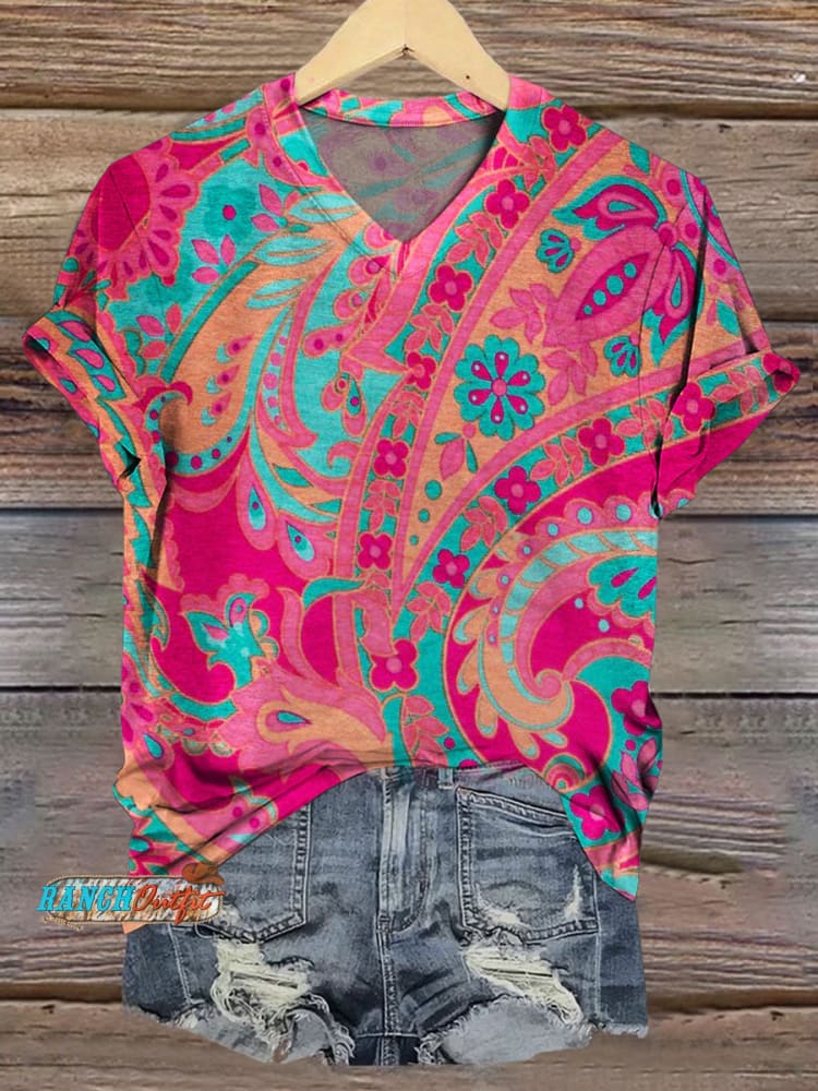 Paisley Art Print V-neck Casual T-Shirt