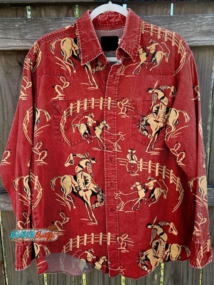Women's Red Cowboy Vintage Print Cotton Pocket Skirt