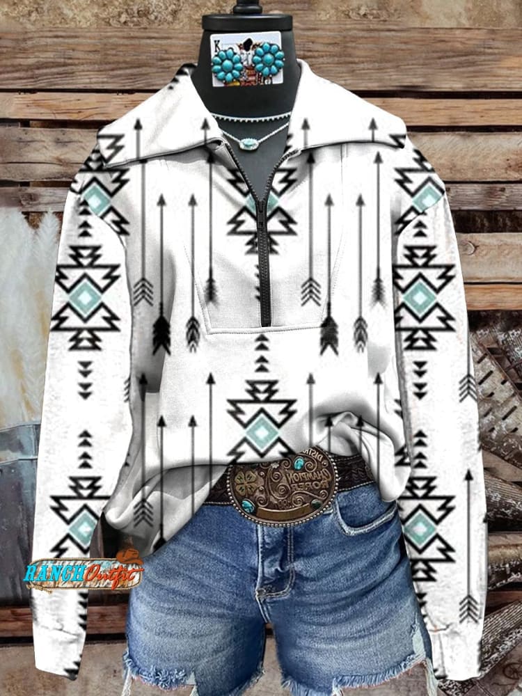 Women's White Vintage Aztec Print Pocket Cotton Dress