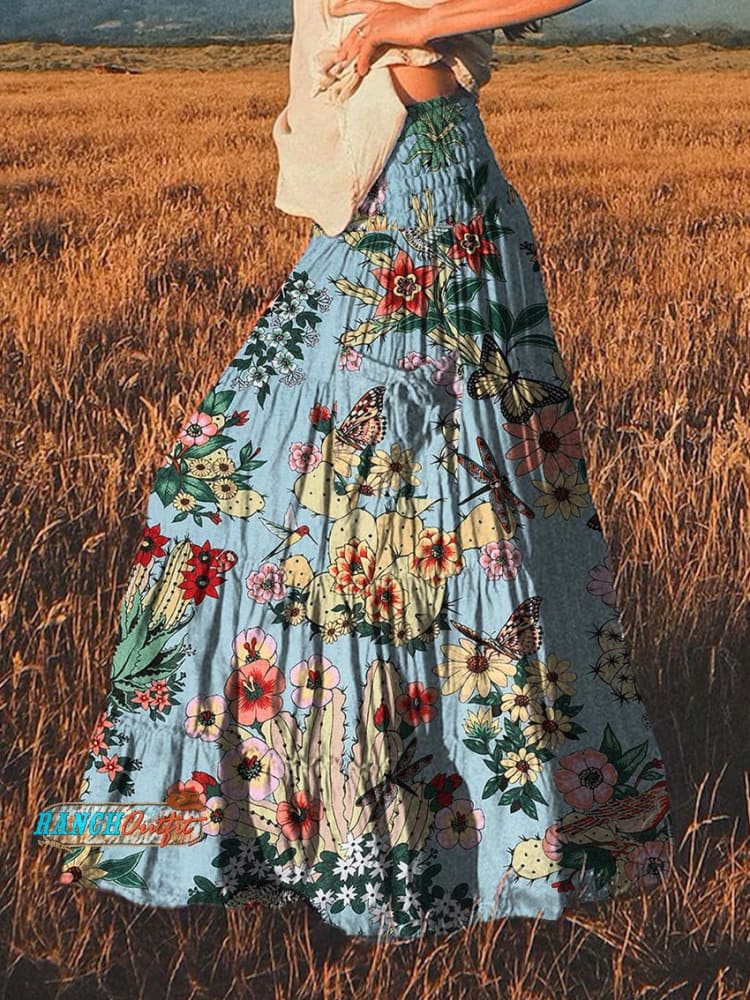 Women's Retro Western Cactus Print Cotton Pocket Skirt