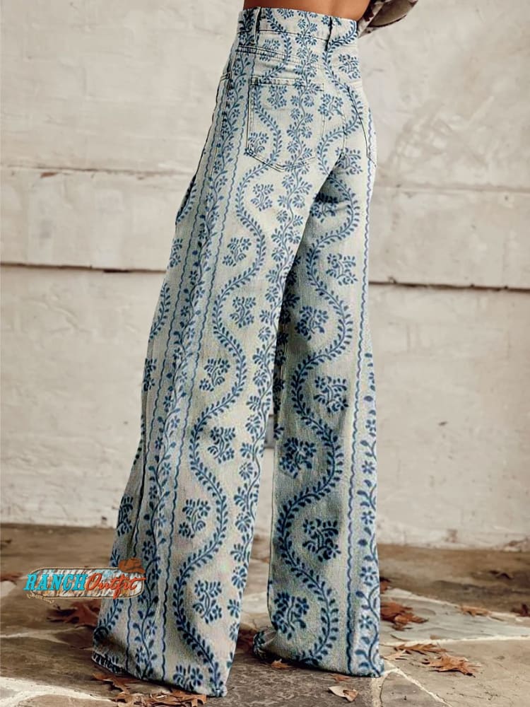 Women's Vintage Flower Print Casual Wide Leg Pants
