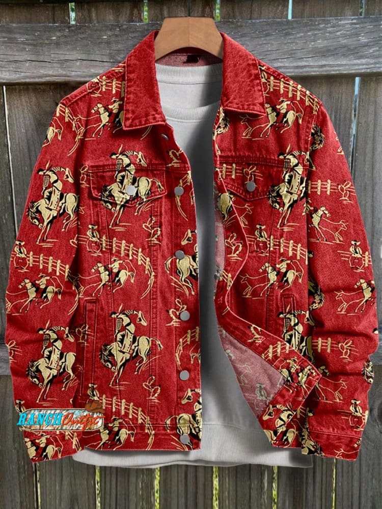 Women's Red Cowboy Vintage Print Cotton Pocket Skirt