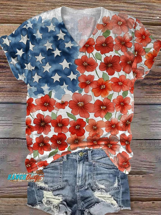 Women's Floral Flag V-neck Casual T-Shirt