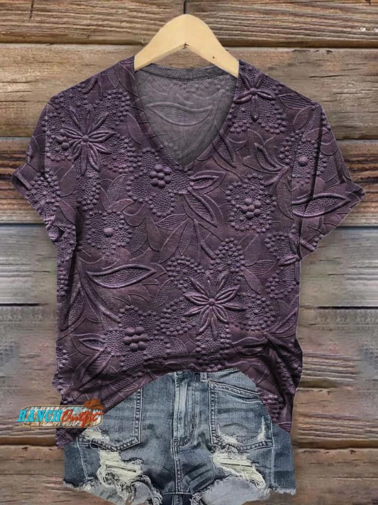 Vintage 3D Floral Print Casual  V-Neck T-Shirt
