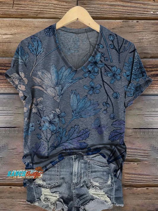 Women's Retro Floral Print Casual V-Neck T-Shirt