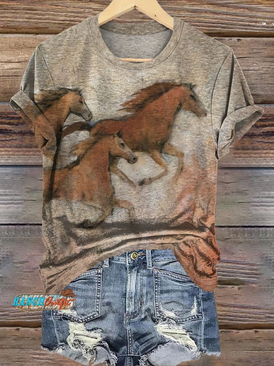 Simple Western Horse Art Print Casual T-shirt