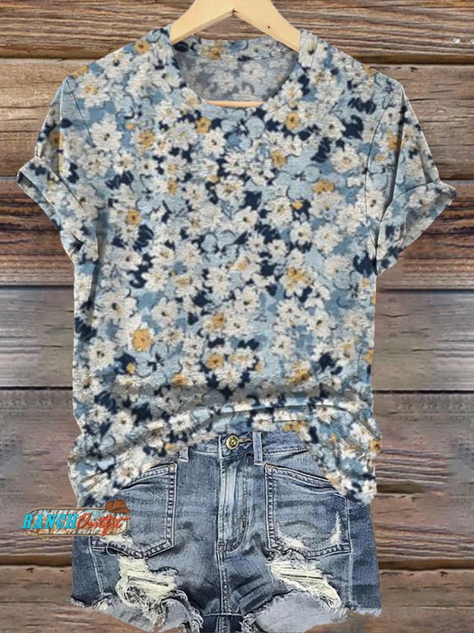 Vintage Dense Floral Print Casual Round Neck Short Sleeve T-Shirt