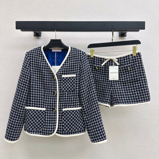 Elegant Small Check Tweed Coat & Bow Shorts Set