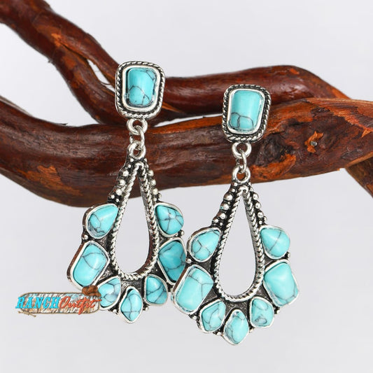 Vintage Earrings Boho Turquoise Ethnic Jewelry Western Cowgirl Engraving Earring