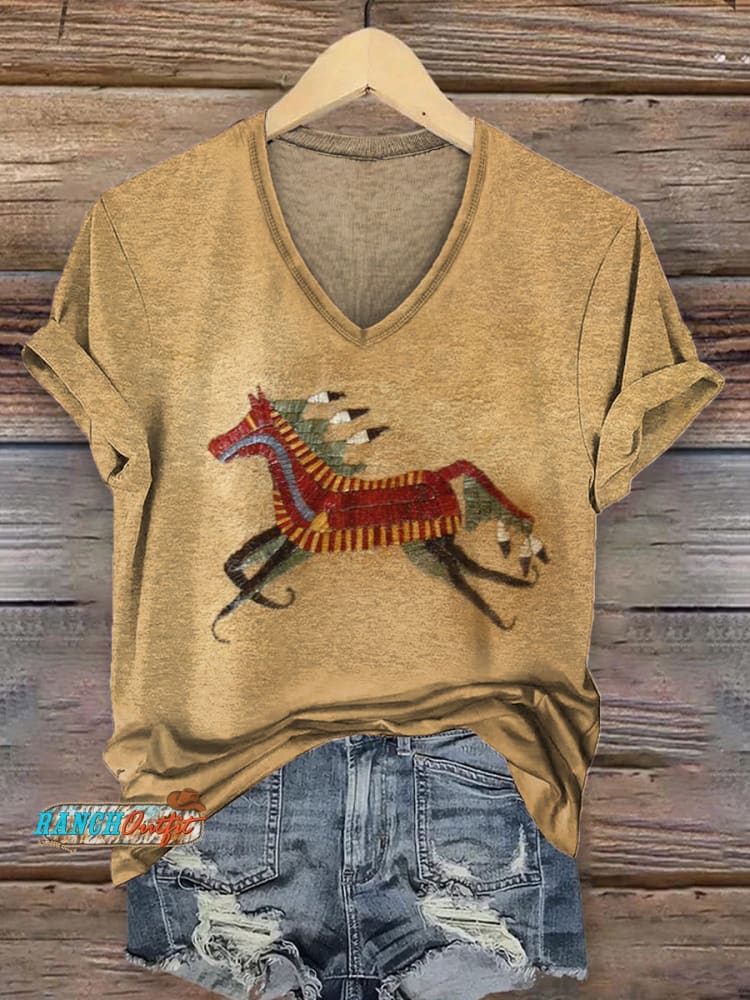 Women's Classic Horse Art Pirnt V-neck Casual T-Shirt