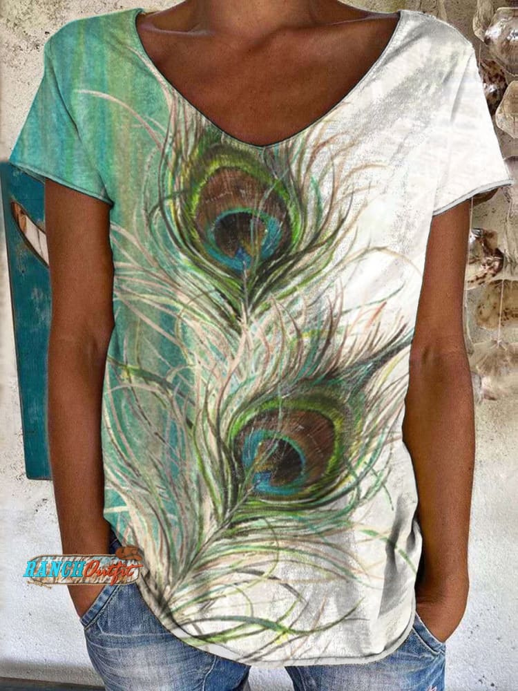 Vintage Feather Print 100%Cotton Crew Tee T-Shirt