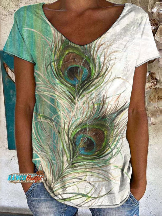 Vintage Feather Print 100%Cotton Crew Tee T-Shirt