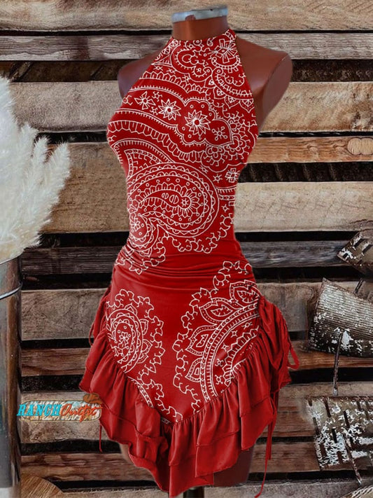 Women's Vintage Art Print Halter Neck Dress