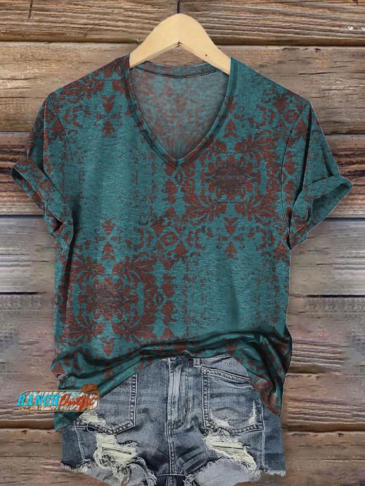 Women's Vintaga Art Print V-neck Casual T-Shirt