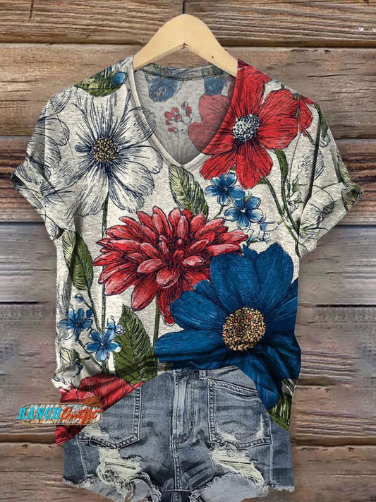 Women's Vintage Art Print V-neck Casual T-Shirt