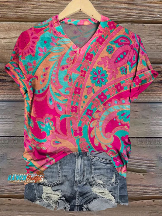 Paisley Art Print V-neck Casual T-Shirt