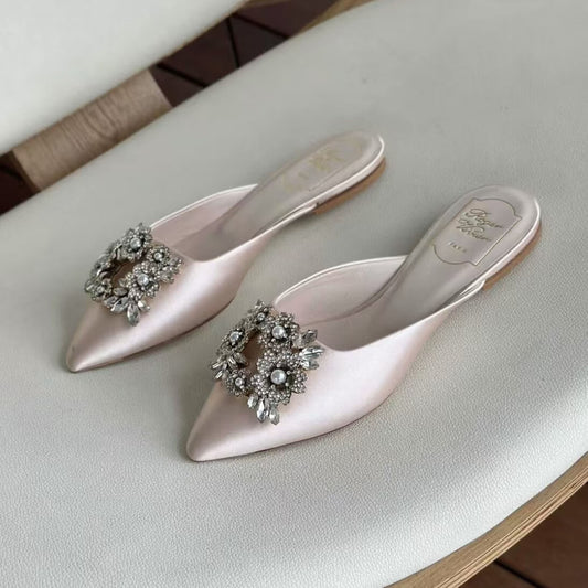 Pearl Snowflake Buckle Diamond Satin Sandals