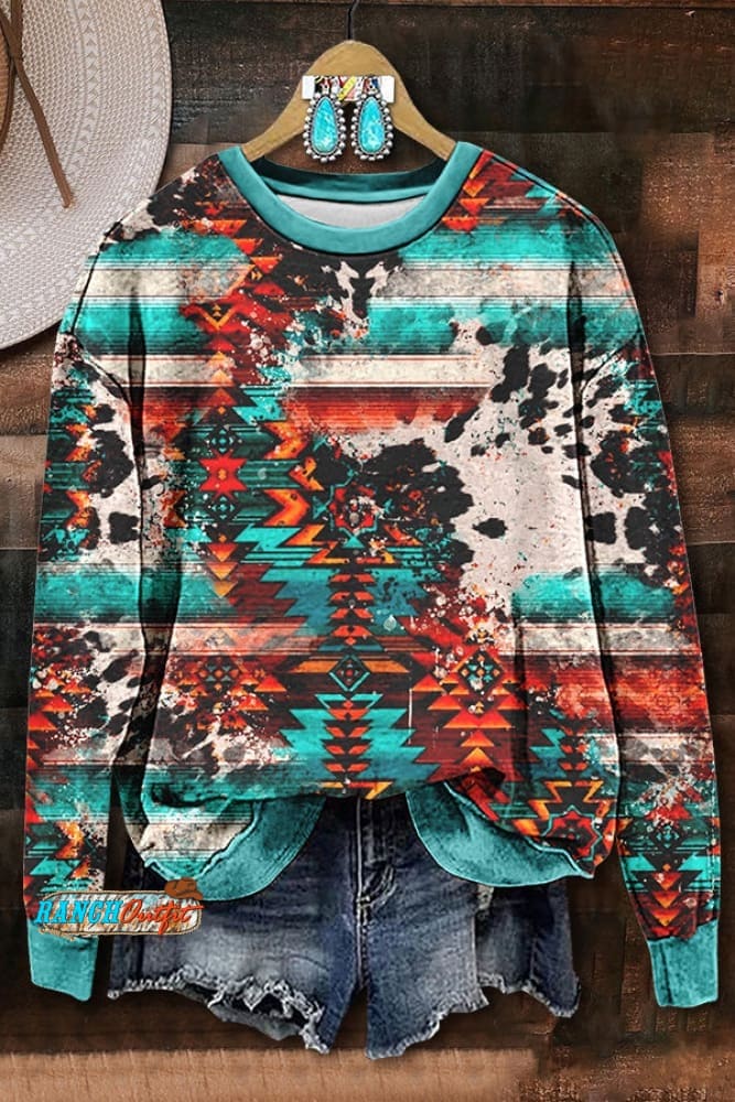 Women's Vintage Turquoise Aztec Print Pocket Cotton Dress