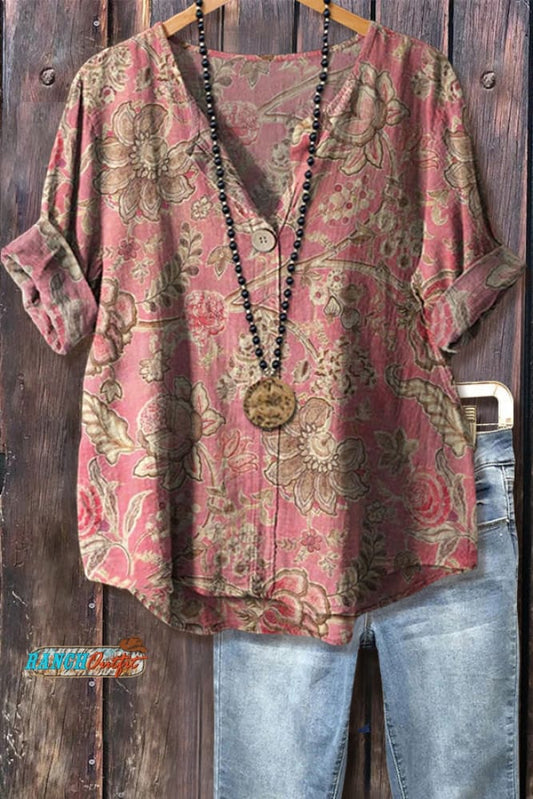 Retro Floral Print V-Neck Top