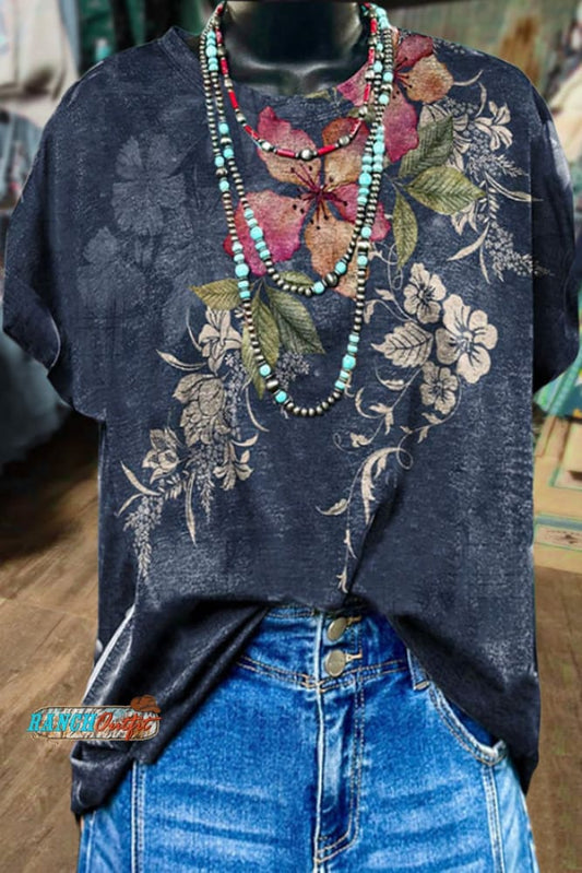 Chic Floral Print Short Sleeve T-Shirt