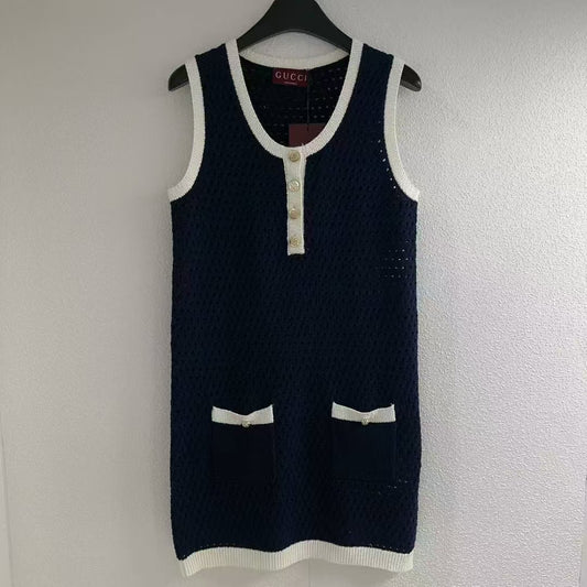 Elegant Navy Blue Knit Camisole Dress
