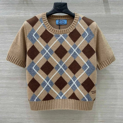 Classic Diamond Quilt Color-block Knit Short Sleeve