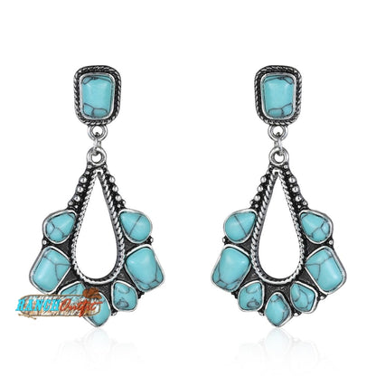 Vintage Earrings Boho Turquoise Ethnic Jewelry Western Cowgirl Engraving Earring