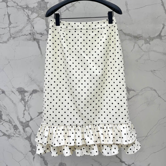 Vintage Button Polka Dot Ruffle Midi Skirt