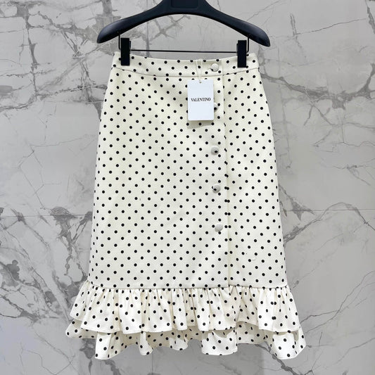 Vintage Button Polka Dot Ruffle Midi Skirt