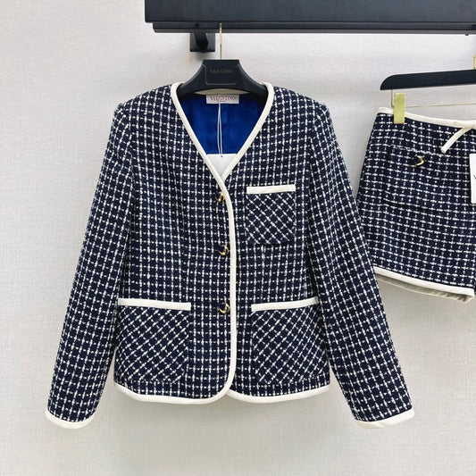 Elegant Small Check Tweed Coat & Bow Shorts Set