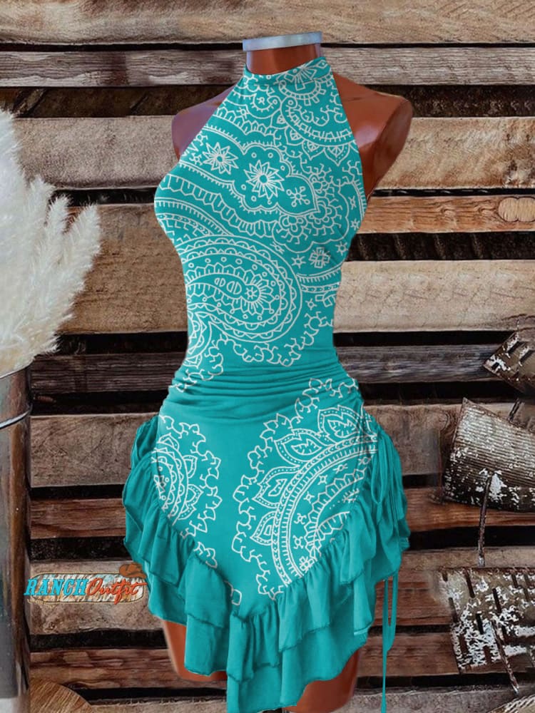 Women's Vintage Art Print Halter Neck Dress
