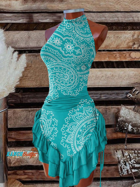 Women's Vintage Art Print Halter Neck Dress