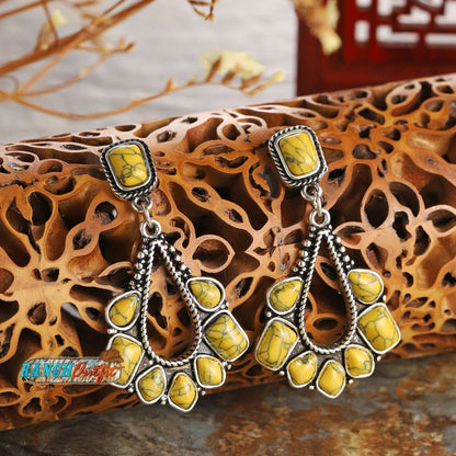 Vintage Earrings Boho Turquoise Ethnic Jewelry Western Cowgirl Engraving Earring