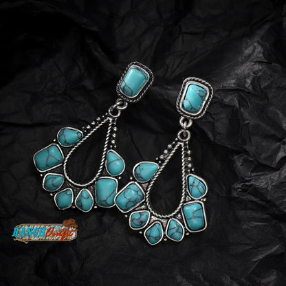 Vintage Earrings Boho Turquoise Ethnic Jewelry Western Cowgirl Engraving Earring