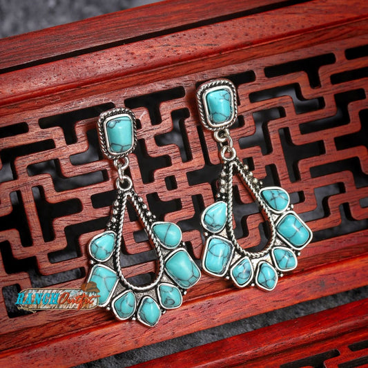 Vintage Earrings Boho Turquoise Ethnic Jewelry Western Cowgirl Engraving Earring