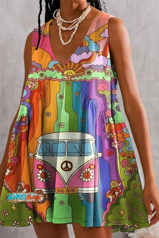 Vintage Hippie Camper Van Print Backless Dress