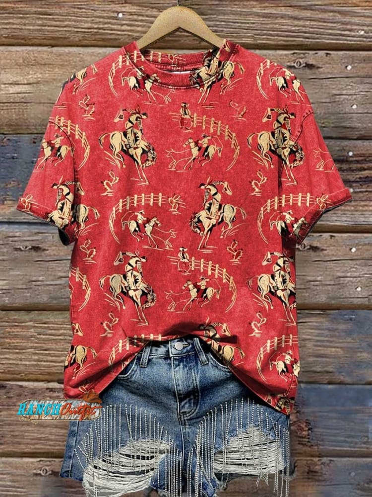 Women's Red Cowboy Vintage Print Cotton Pocket Skirt