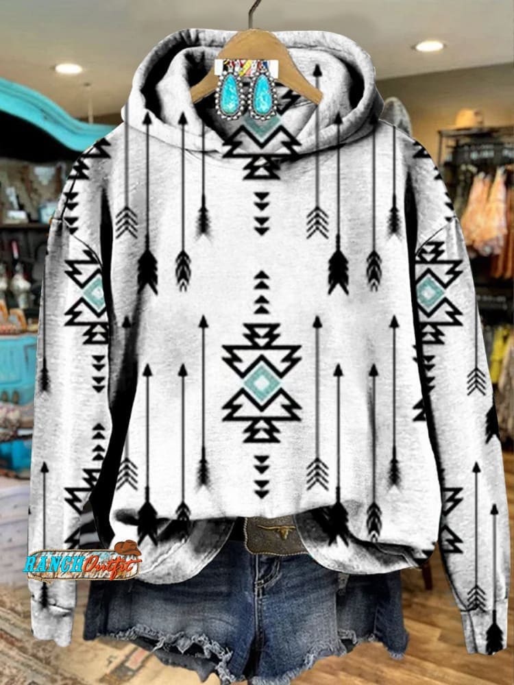 Women's White Vintage Aztec Print Pocket Cotton Dress