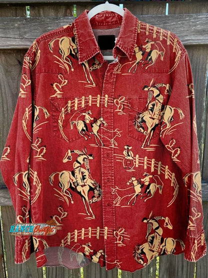 Women's Red Cowboy Vintage Print Cotton Pocket Skirt