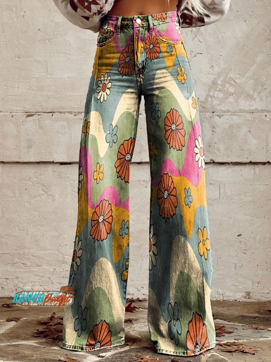 Women's Vintage Floral Daisy Print Casual Wide Leg Pants