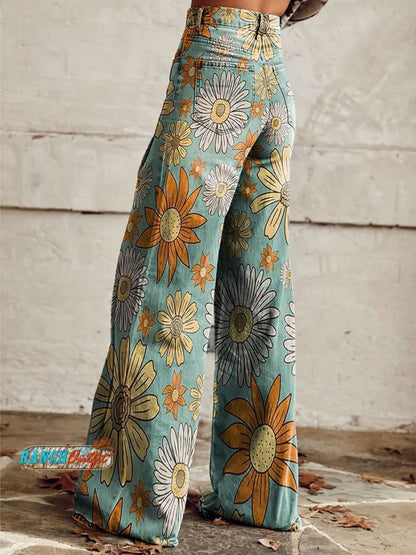 Women's Vintage Floral Daisy Print Casual Wide Leg Pants