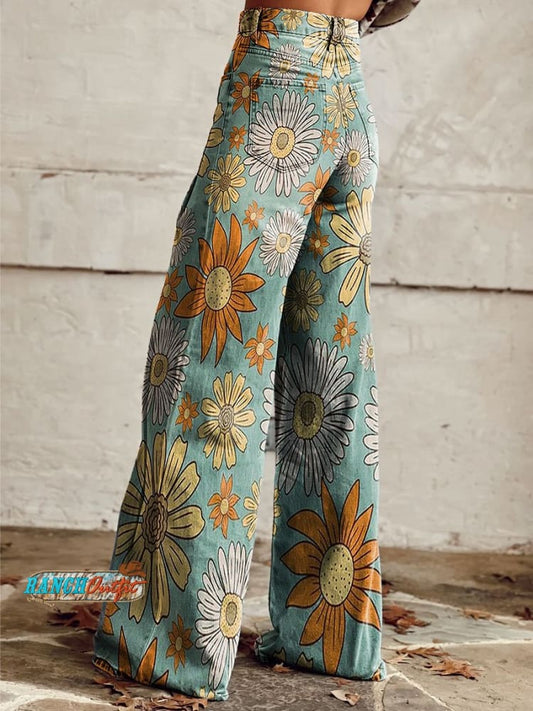 Women's Vintage Floral Daisy Print Casual Wide Leg Pants