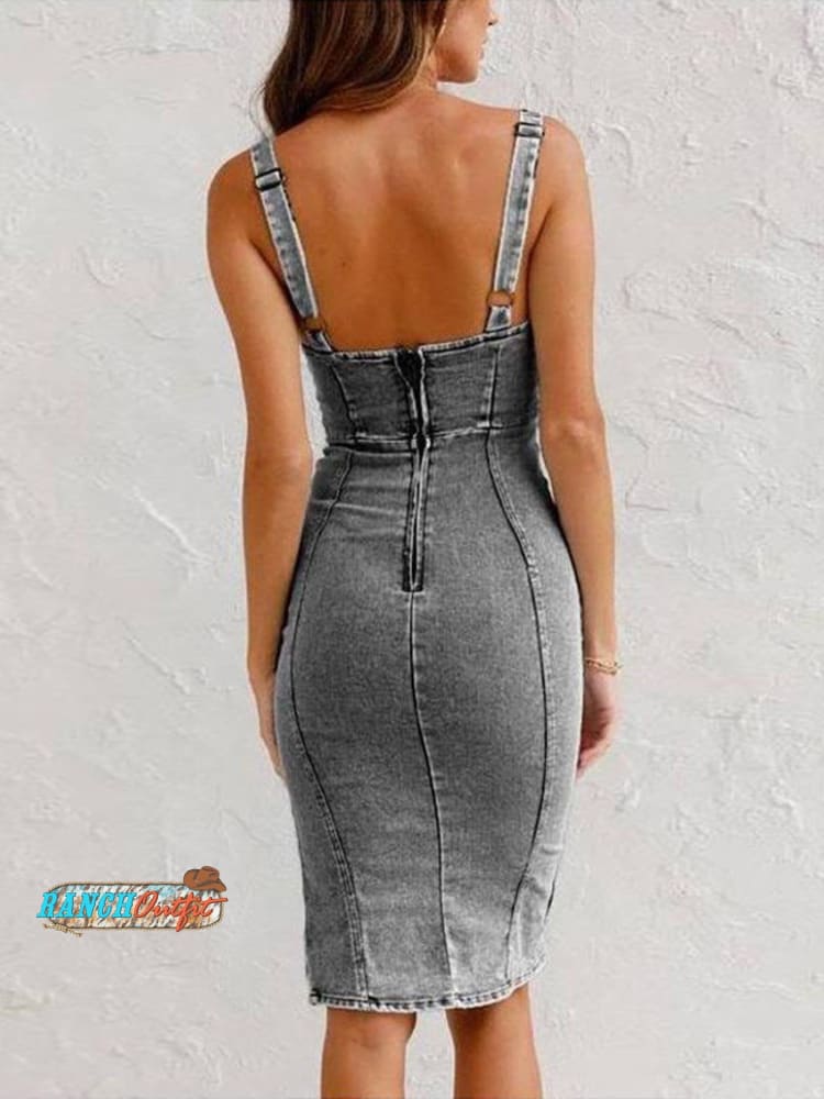 Short-sleeved U-neck Suspender Distressed Casual Denim Dress