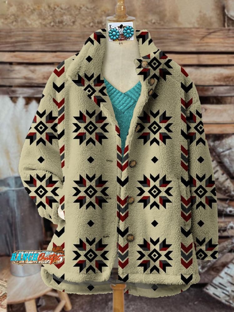 Women's Beige Vintage Aztec Print Pocket Cotton Dress