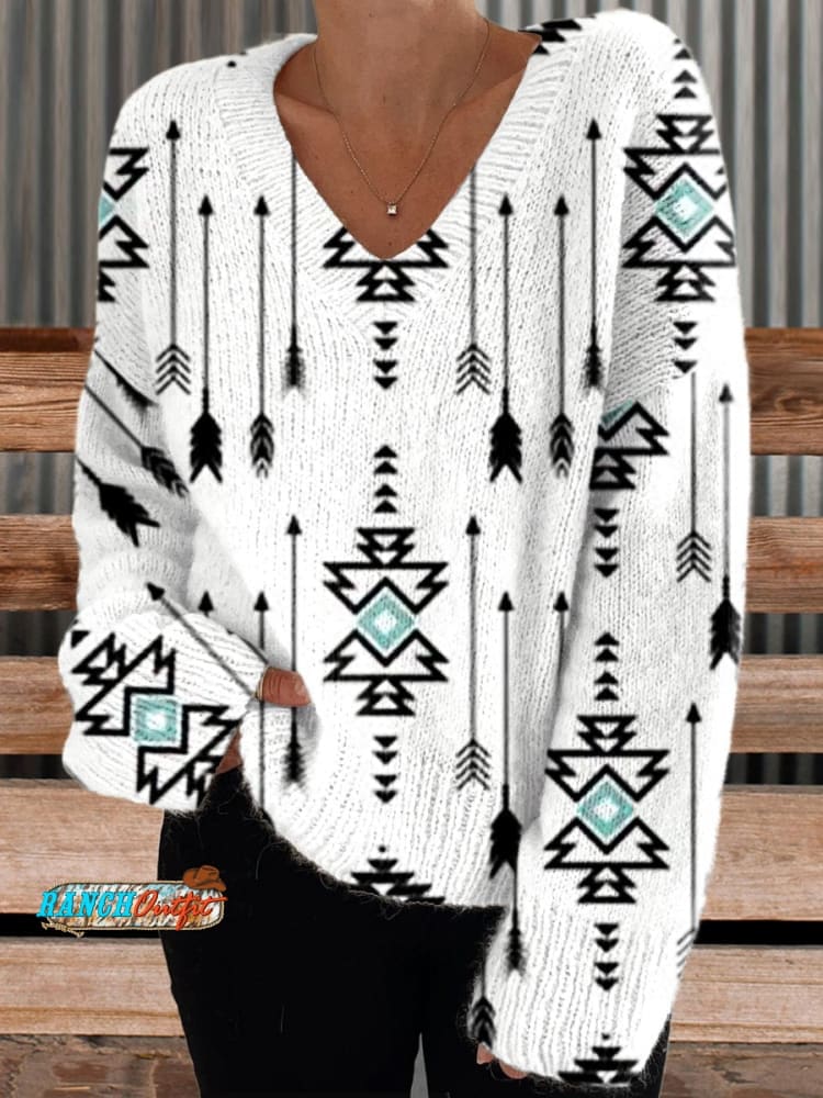 Women's White Vintage Aztec Print Pocket Cotton Dress