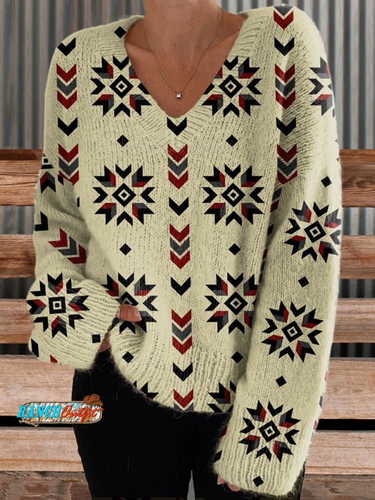 Women's Beige Vintage Aztec Print Pocket Cotton Dress